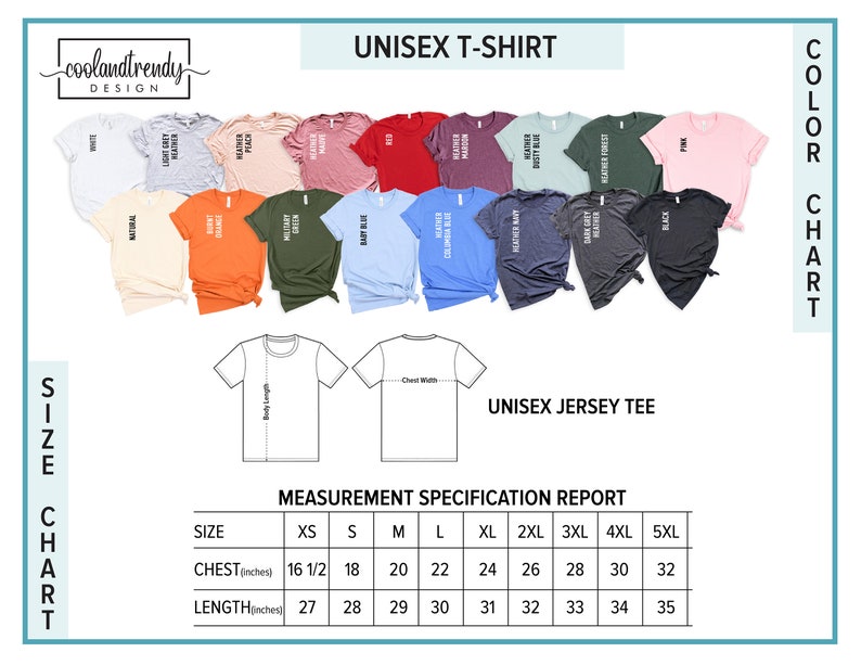 Puede incluir: Una tabla de colores para camisetas unisex, con colores como blanco, naranja y verde. La imagen incluye una tabla de tallas con medidas de pecho y largo en pulgadas, que van desde la XS hasta la 5XL. Tambi&eacute;n se ve el texto "Unisex Jersey Tee".