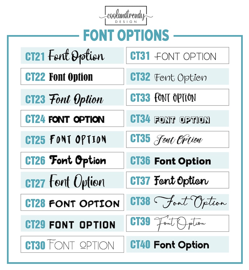 K&ouml;nnte beinhalten: Ein Diagramm mit 20 verschiedenen Schriftarten f&uuml;r ein Designprojekt. Die Schriftarten sind mit CT21 bis CT40 beschriftet. Jede Schriftart wird in einem anderen Stil angezeigt.
