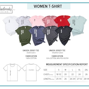 Puede incluir: Una carta de colores de camisetas para mujer, que muestra colores como blanco, rojo y verde militar. La tabla incluye especificaciones de tallas y medidas, con medidas de pecho de 47 a 66 cm y largos de 64 a 72 cm. Las camisetas son de algod&oacute;n.