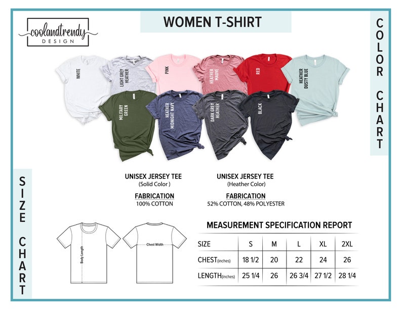 Puede incluir: Una carta de colores de camisetas para mujer, que muestra colores como blanco, rojo y verde militar. La tabla incluye especificaciones de tallas y medidas, con medidas de pecho de 47 a 66 cm y largos de 64 a 72 cm. Las camisetas son de algod&oacute;n.