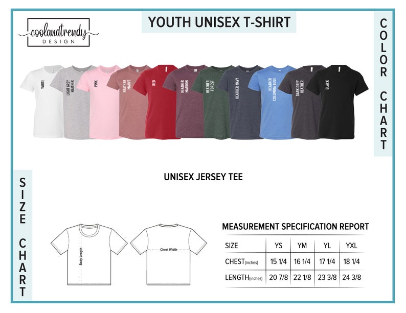 May include: Youth unisex t-shirt size chart with measurements in inches. The chart shows the chest and length measurements for sizes YS, YM, YL, and YXL. The chart also includes a color chart with the following colors: white, heather grey, pink, heather red, heather forest, heather navy, columbia blue, dark grey, and black.