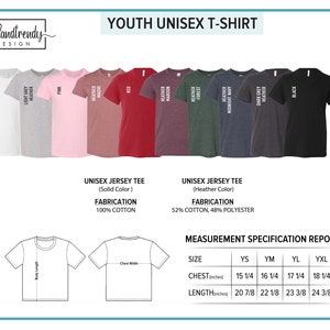 May include: Youth unisex t-shirt size chart with color options. The chart shows 10 different colors, including white, light grey heather, pink, mauve heather, red, heather forest, heather midnight navy, dark grey heather, and black. The chart also includes a size guide with measurements in inches for chest and length.