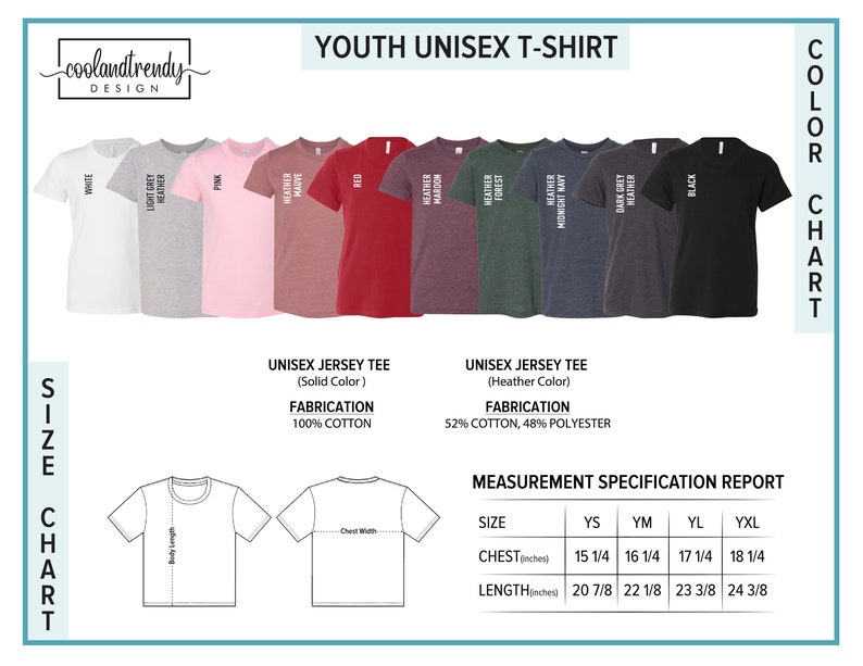 May include: Youth unisex t-shirt size chart with color options. The chart shows 10 different colors, including white, light grey heather, pink, mauve heather, red, heather forest, heather midnight navy, dark grey heather, and black. The chart also includes a size guide with measurements in inches for chest and length.