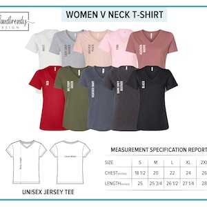 Puede incluir: Una tabla de tallas para una camiseta de cuello en V para mujer con un informe de especificaci&oacute;n de medidas. La tabla muestra las medidas de pecho y longitud en pulgadas para las tallas S, M, L, XL y 2XL. La camiseta est&aacute; disponible en una variedad de colores, incluyendo blanco, rojo, verde militar, azul marino jaspeado, melocot&oacute;n jaspeado, gris oscuro jaspeado, rosa y negro jaspeado.