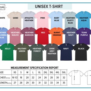 The image is a color chart for a unisex t-shirt, displaying various color options and corresponding measurements for different sizes.
