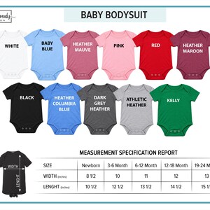 The image is a color chart for baby bodysuits, displaying various colors and corresponding measurements for newborns.