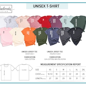 Puede incluir: Una tabla de colores para camisetas unisex, que muestra varios colores lisos y jaspeados. La tabla incluye una gu&iacute;a de tallas con medidas de pecho y largo en pulgadas, y detalles de la tela. La marca "coolandtrendy DESIGN" es visible.