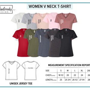 K&ouml;nnte beinhalten: Eine Gr&ouml;&szlig;entabelle f&uuml;r ein Damen-V-Neck-T-Shirt mit einem Messbericht. Die Tabelle zeigt die Brust- und L&auml;ngenma&szlig;e in Zoll f&uuml;r die Gr&ouml;&szlig;en S, M, L, XL und 2XL. Das T-Shirt ist in verschiedenen Farben erh&auml;ltlich, darunter Wei&szlig;, Rot, Milit&auml;rgr&uuml;n, Heather Navy, Heather Peach, Dark Grey Heather, Pink und Black Heather.
