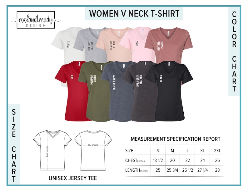 K&ouml;nnte beinhalten: Eine Gr&ouml;&szlig;entabelle f&uuml;r ein Damen-V-Neck-T-Shirt mit einem Messbericht. Die Tabelle zeigt die Brust- und L&auml;ngenma&szlig;e in Zoll f&uuml;r die Gr&ouml;&szlig;en S, M, L, XL und 2XL. Das T-Shirt ist in verschiedenen Farben erh&auml;ltlich, darunter Wei&szlig;, Rot, Milit&auml;rgr&uuml;n, Heather Navy, Heather Peach, Dark Grey Heather, Pink und Black Heather.