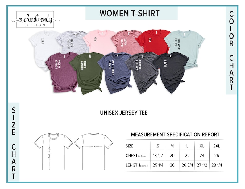 Puede incluir: Tabla de tallas para camisetas unisex y para mujer. La tabla muestra las medidas en pulgadas para el pecho y la longitud para las tallas S, M, L, XL y 2XL. La tabla tambi&eacute;n muestra los diferentes colores disponibles para las camisetas.