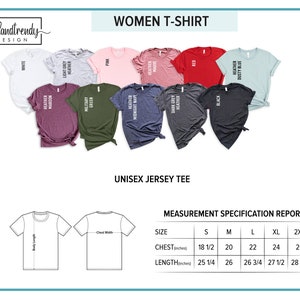 K&ouml;nnte beinhalten: Gr&ouml;&szlig;entabelle f&uuml;r Damen- und Unisex-T-Shirts. Die Tabelle zeigt die Ma&szlig;e in Zoll f&uuml;r Brustumfang und L&auml;nge f&uuml;r die Gr&ouml;&szlig;en S, M, L, XL und 2XL. Die Tabelle zeigt auch die verschiedenen Farben, die f&uuml;r die T-Shirts verf&uuml;gbar sind.