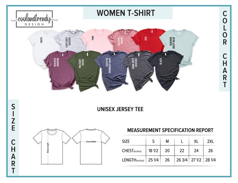 K&ouml;nnte beinhalten: Gr&ouml;&szlig;entabelle f&uuml;r Damen- und Unisex-T-Shirts. Die Tabelle zeigt die Ma&szlig;e in Zoll f&uuml;r Brustumfang und L&auml;nge f&uuml;r die Gr&ouml;&szlig;en S, M, L, XL und 2XL. Die Tabelle zeigt auch die verschiedenen Farben, die f&uuml;r die T-Shirts verf&uuml;gbar sind.