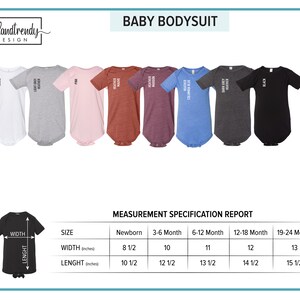 K&ouml;nnte beinhalten: Eine Gr&ouml;&szlig;entabelle f&uuml;r Baby-Bodys in verschiedenen Farben, darunter Wei&szlig;, Grau, Rosa, Rot, Blau, Schwarz. Die Tabelle zeigt die Breiten- und L&auml;ngenma&szlig;e in Zoll f&uuml;r Neugeborene bis 19-24 Monate.