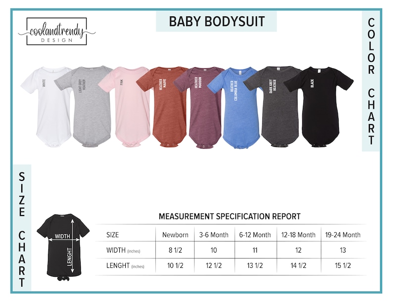 K&ouml;nnte beinhalten: Eine Gr&ouml;&szlig;entabelle f&uuml;r Baby-Bodys in verschiedenen Farben, darunter Wei&szlig;, Grau, Rosa, Rot, Blau, Schwarz. Die Tabelle zeigt die Breiten- und L&auml;ngenma&szlig;e in Zoll f&uuml;r Neugeborene bis 19-24 Monate.