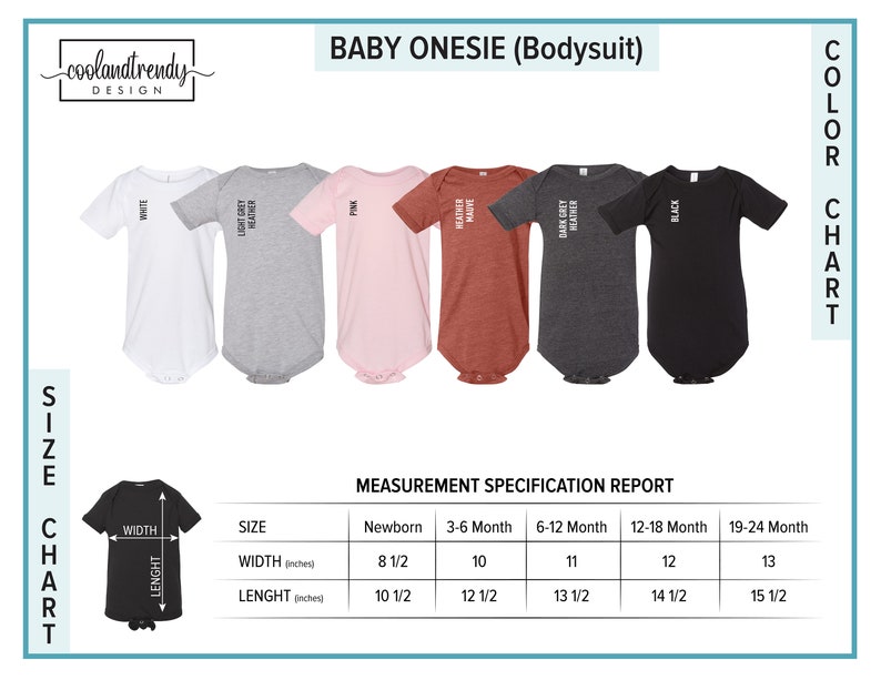 May include: Size chart for baby onesies in five colours: white, light grey heather, pink, heather mauve, dark grey heather, and black. The chart shows the width and length measurements in inches for newborn, 3-6 months, 6-12 months, 12-18 months, and 19-24 months.