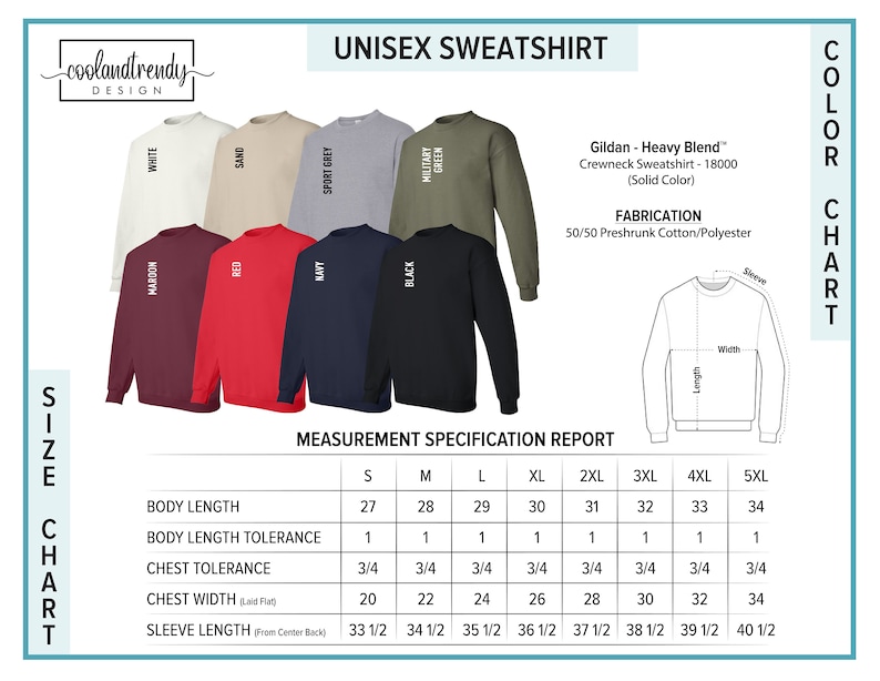 May include: A selection of unisex sweatshirts in various colors, including white, sand, maroon, red, navy, black, sport grey, and military green. The image includes a size chart and measurement specifications for the Gildan Heavy Blend crewneck sweatshirt.