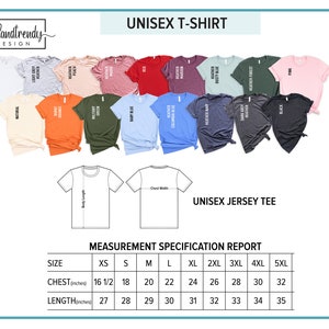 Puede incluir: Tabla de tallas de camiseta unisex con medidas en pulgadas. La tabla muestra las medidas de pecho y largo para las tallas XS a 5XL. La tabla est&aacute; etiquetada como "Informe de especificaci&oacute;n de medidas".