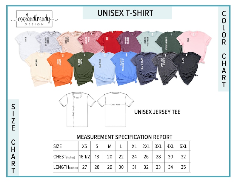 Puede incluir: Tabla de tallas de camiseta unisex con medidas en pulgadas. La tabla muestra las medidas de pecho y largo para las tallas XS a 5XL. La tabla est&aacute; etiquetada como "Informe de especificaci&oacute;n de medidas".