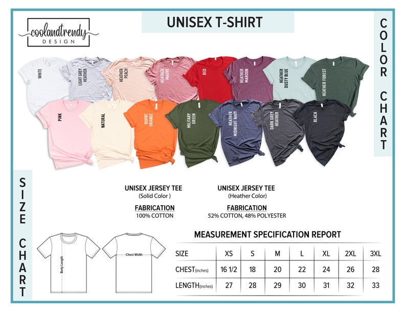 May include: Unisex t-shirt size chart with a colour chart showing different colours of t-shirts. The size chart shows measurements in inches for chest and length for sizes XS, S, M, L, XL, 2XL, and 3XL.