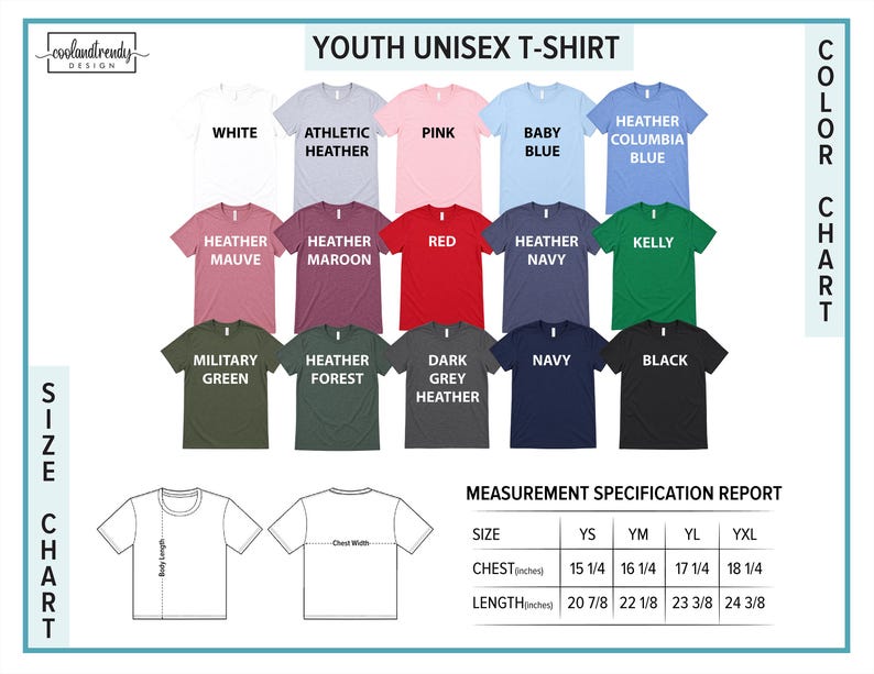 The image is a color chart for youth unisex t-shirts, displaying various color options and corresponding measurements.