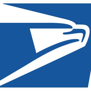 May include: The United States Postal Service (USPS) logo, featuring a stylized eagle in white against a blue background. The design is a geometric representation of an eagle's head and wings, symbolizing postal service.