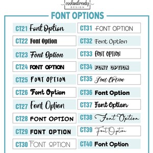May include: A chart with 20 different font options for a design project. The font options are labeled CT21 through CT40. Each font option is displayed in a different style.