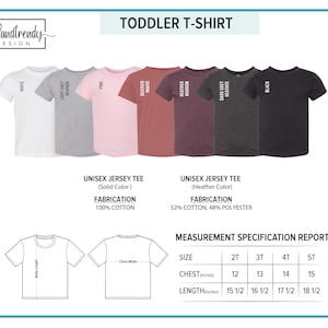 May include: Toddler t-shirt size chart with colour options in white, light grey heather, pink, heather mauve, dark grey heather, and black. The chart shows unisex jersey tee fabrications, 100% cotton for solid colours and 52% cotton, 48% polyester for heather colours. The measurement specification report shows chest and length measurements in inches for sizes 2T, 3T, 4T, and 5T.