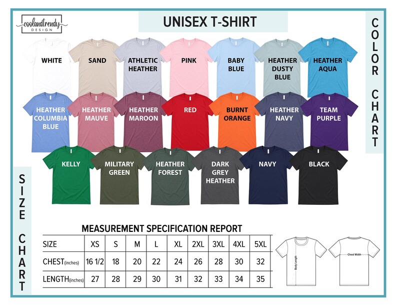 The image is a color chart for a unisex t-shirt, displaying various color options and corresponding measurements for different sizes.
