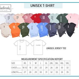 Puede incluir: Tabla de tallas de camiseta unisex con medidas en pulgadas para el pecho y la longitud. La tabla muestra las tallas desde XS hasta 5XL.