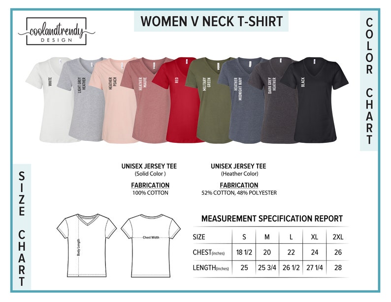May include: A size chart for women's V-neck t-shirts. The chart shows the measurements for chest and length in inches for sizes S, M, L, XL, and 2XL. The fabric is 100% cotton for solid colors and 52% cotton, 48% polyester for heather colors.