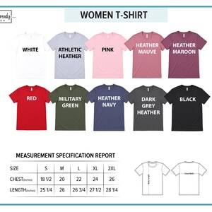 The image is a color chart for women's t-shirts, displaying various color options and corresponding sizes.