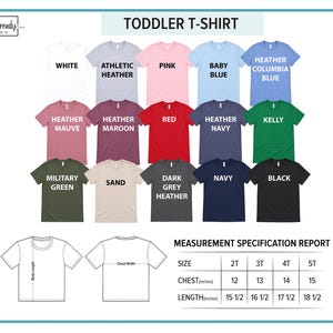 The image is a color chart for toddler t-shirts, displaying various color options and corresponding measurements.