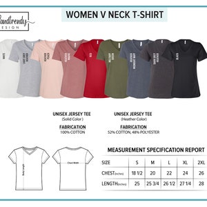 May include: A size chart for women's V-neck t-shirts. The chart shows the measurements for chest and length in inches for sizes S, M, L, XL, and 2XL. The chart also includes the fabric composition for solid and heather colors.