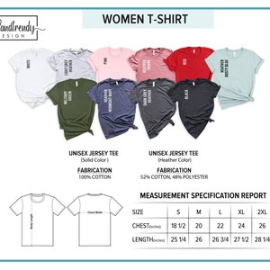 May include: Women's t-shirt size chart with measurements in inches. The chart shows the chest and length measurements for sizes S, M, L, XL, and 2XL. The chart also includes information about the fabric composition of the t-shirts, which are made of 100% cotton or a blend of 52% cotton and 48% polyester.