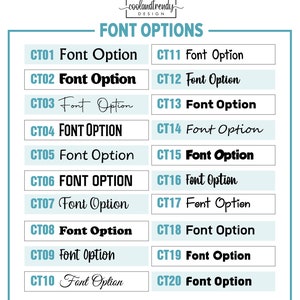 May include: A chart with 20 different font options labeled CT01 through CT20. Each font option is displayed in a different style, including bold, italic, and handwritten.