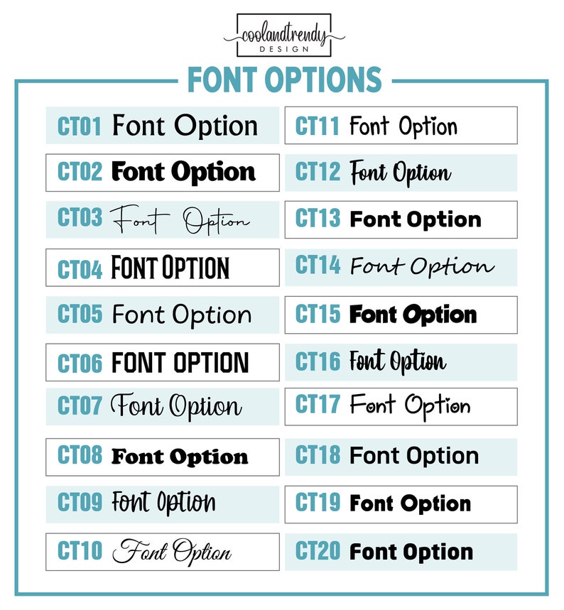 May include: A chart with 20 different font options labeled CT01 through CT20. Each font option is displayed in a different style, including bold, italic, and handwritten.