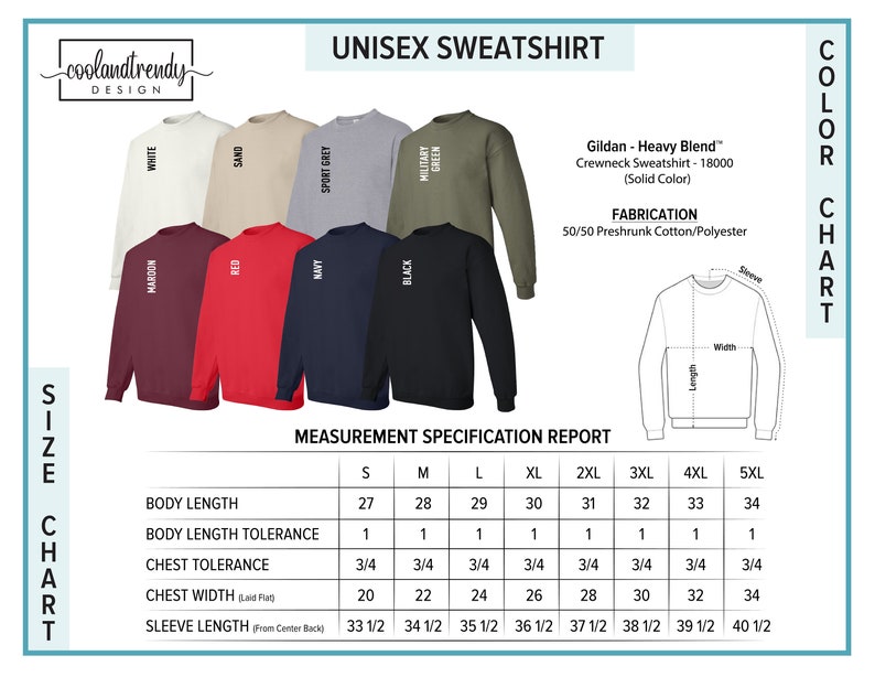 K&ouml;nnte beinhalten: Unisex-Sweatshirt-Gr&ouml;&szlig;entabelle mit Ma&szlig;en in Zoll. Die Tabelle zeigt die K&ouml;rperl&auml;nge, die K&ouml;rperl&auml;ngentoleranz, die Brusttoleranz, die Brustweite und die &Auml;rmell&auml;nge f&uuml;r die Gr&ouml;&szlig;en S bis 5XL. Die Tabelle ist mit "Mess-Spezifikationsbericht" beschriftet.