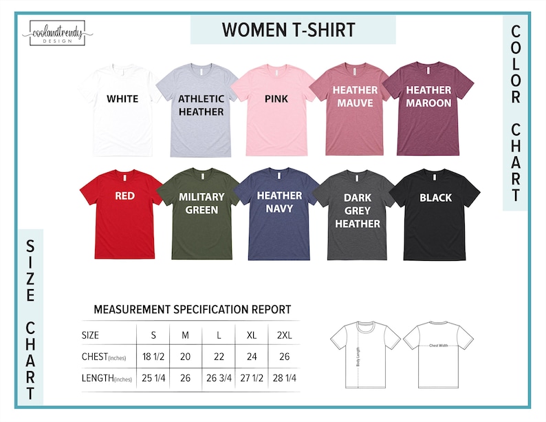 The image is a color chart for women's t-shirts, displaying various color options and corresponding sizes.