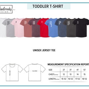 K&ouml;nnte beinhalten: Gr&ouml;&szlig;entabelle f&uuml;r Kleinkind- und Unisex-T-Shirts. Die Tabelle zeigt die Brust- und L&auml;ngenma&szlig;e in Zoll f&uuml;r die Gr&ouml;&szlig;en 2T, 3T, 4T und 5T. Die Tabelle enth&auml;lt auch eine Farbtabelle mit acht verschiedenen Farben.