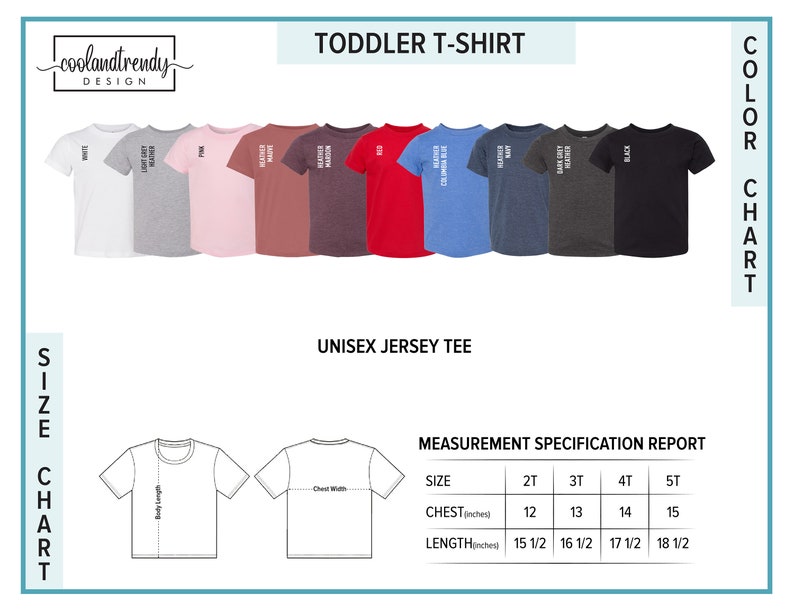 K&ouml;nnte beinhalten: Gr&ouml;&szlig;entabelle f&uuml;r Kleinkind- und Unisex-T-Shirts. Die Tabelle zeigt die Brust- und L&auml;ngenma&szlig;e in Zoll f&uuml;r die Gr&ouml;&szlig;en 2T, 3T, 4T und 5T. Die Tabelle enth&auml;lt auch eine Farbtabelle mit acht verschiedenen Farben.