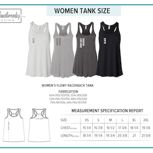 Puede incluir: Tabla de tallas para un tanque de espalda nadadora fluido para mujer con medidas en pulgadas. La tabla muestra las medidas de pecho y largo para las tallas XS, S, M, L, XL y 2XL. El tanque est&aacute; disponible en blanco, gris deportivo, gris oscuro y negro.