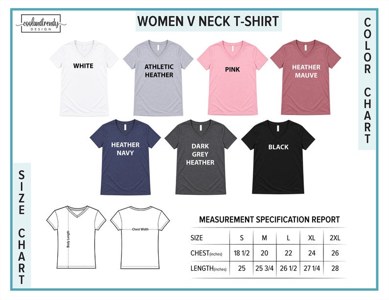The image is a color chart for women's neck t-shirts, displaying various color options and corresponding measurements.