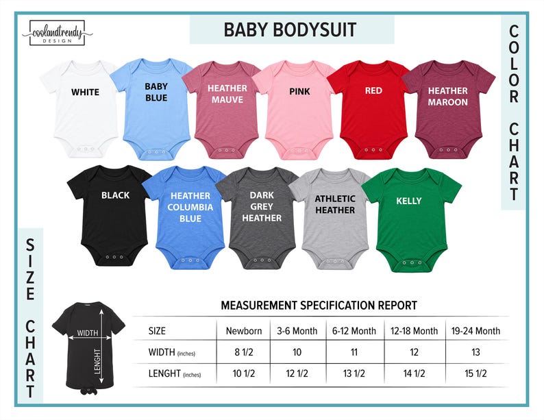 The image is a color chart for baby bodysuits, displaying various colors and corresponding measurements for newborns.