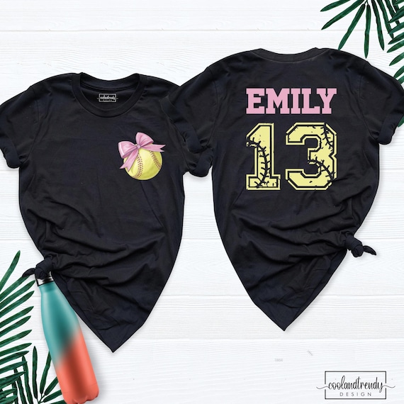 Personalized Softball Bow Shirt with Name Number Tee, Custom Player Softball Mom Tshirt, Softball Season Women Shirts, Softball Team Shirt