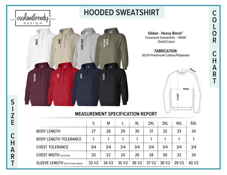May include: A selection of hooded sweatshirts in various colors, including white, beige, gray, and green, with the text "HOODED SWEATSHIRT" at the top. The image includes a size chart and measurement specifications for the sweatshirts.