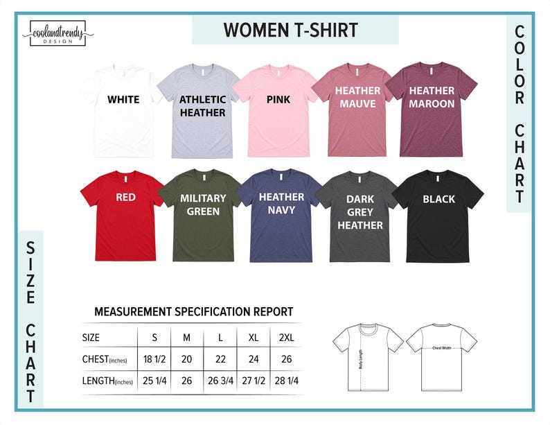 The image is a color chart for women's t-shirts, displaying various color options and corresponding sizes.