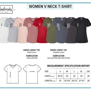 May include: A size chart for women's V-neck t-shirts. The chart shows the measurements for chest and length in inches for sizes S, M, L, XL, and 2XL. The fabric is 100% cotton for solid colours and 52% cotton, 48% polyester for heather colours.