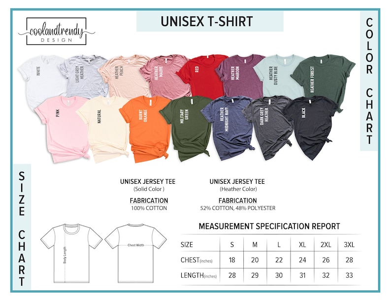 May include: Unisex t-shirt size chart with a color chart showing 14 different colors. The size chart shows measurements in inches for chest and length for sizes S through 3XL. The t-shirts are made of 100% cotton or a blend of 52% cotton and 48% polyester.