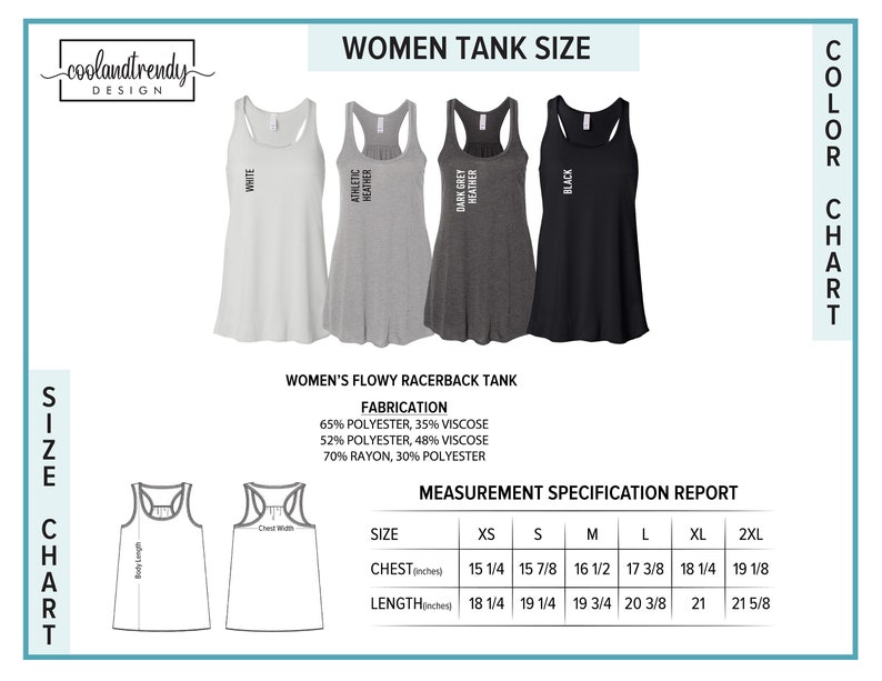 May include: Women's flowy racerback tank top size chart with measurements in inches. The chart shows the chest and length measurements for sizes XS, S, M, L, XL, and 2XL. The tank top is available in white, athletic heather, dark grey heather, and black.