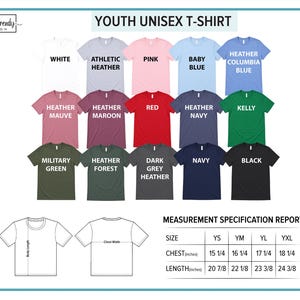 The image is a color chart for youth unisex t-shirts, displaying various color options and corresponding measurements.